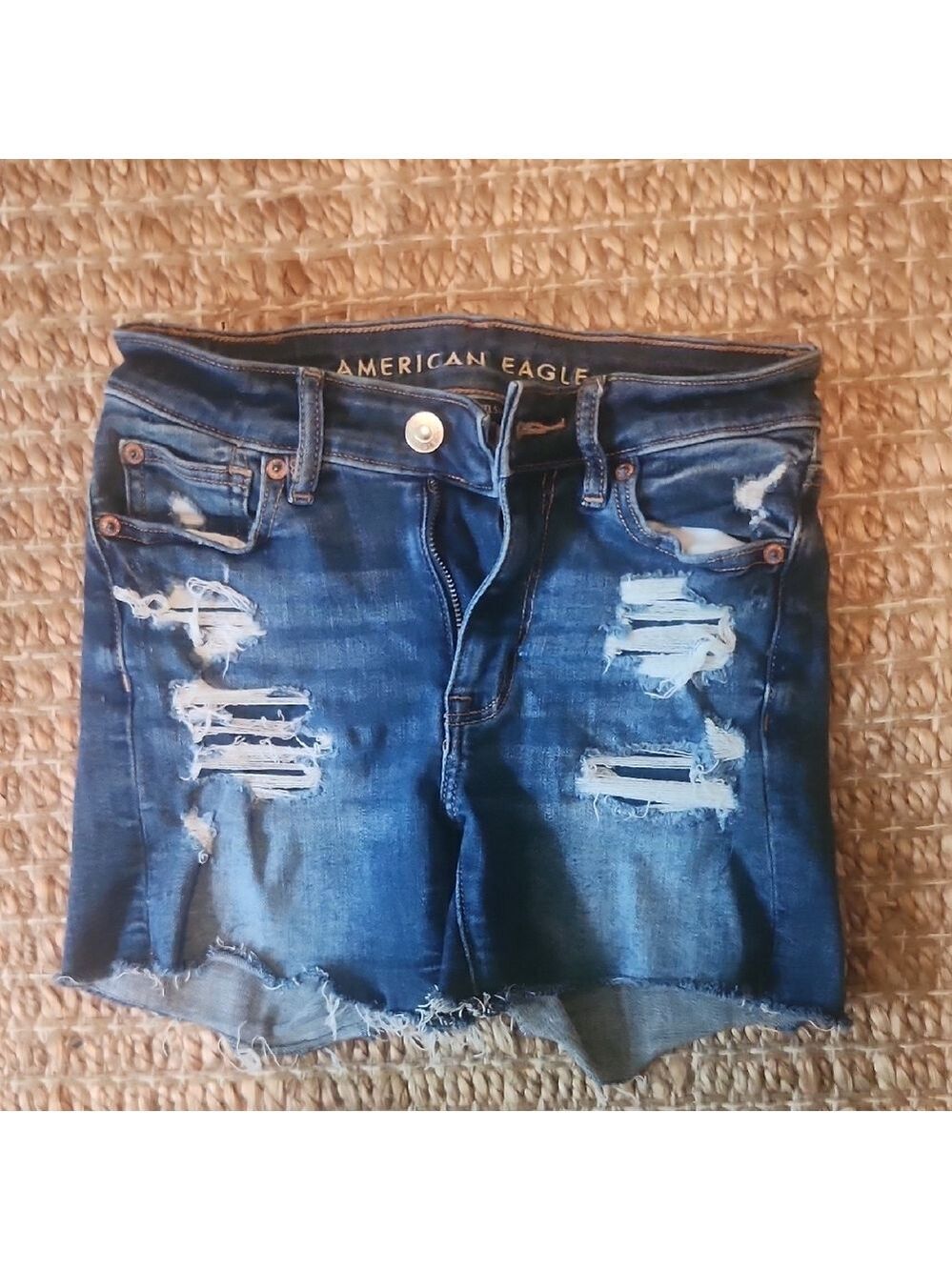 American Eagle Outfitters Blue Distressed Midi Stretch Casual Jean Shorts